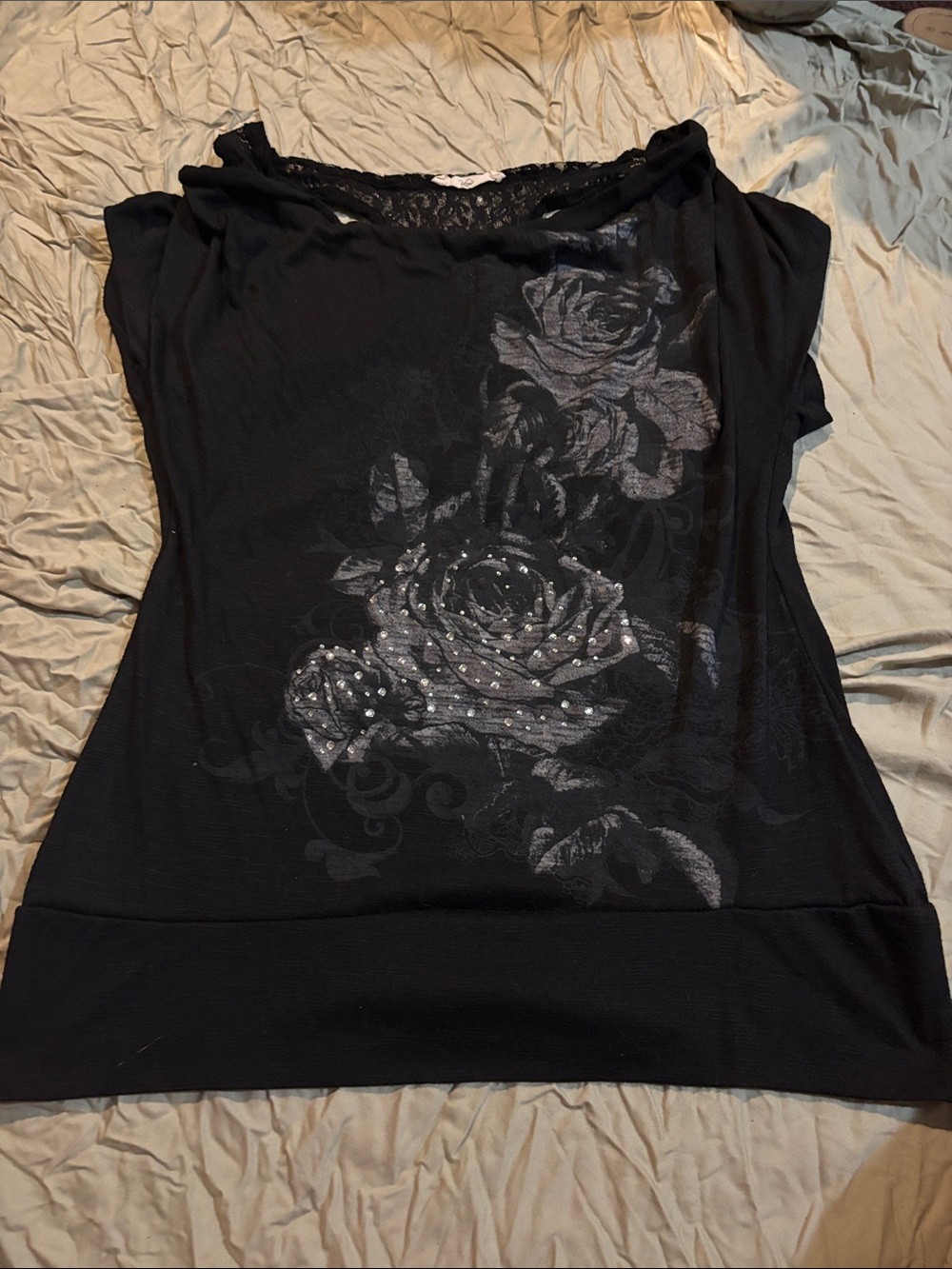 Black Floral Rhinestone Accent Short Sleeve Tee